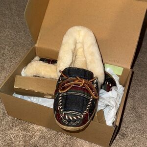 L.L. Bean Women's Plaid Moccasin Slippers - navy, dark red, and green plaid